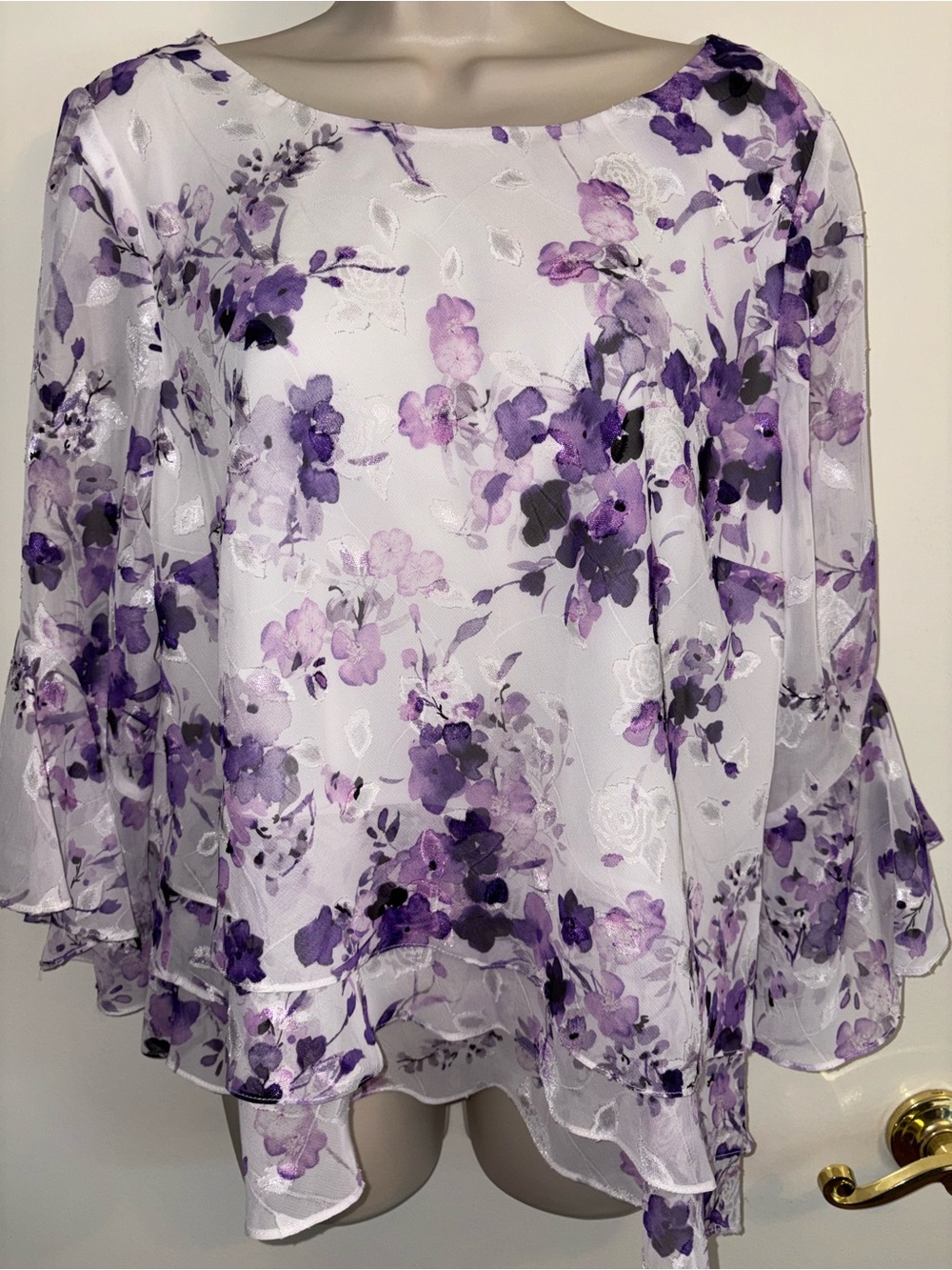 Alex Evenings White and Purple Floral Chiffon Tunic